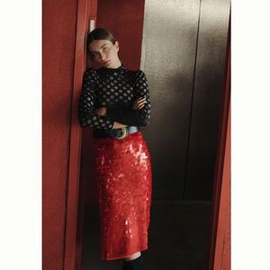 ANTHROPOLOGIE Maeve Sequined Midi Skirt in Bright Red 4